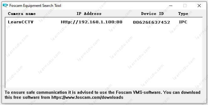 Foscam Equipment Seach Tool found the camera